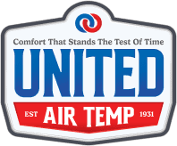 United Air Temp logo with a slogan reading "Leader in Home Comfort Since 1931" on a grey background
