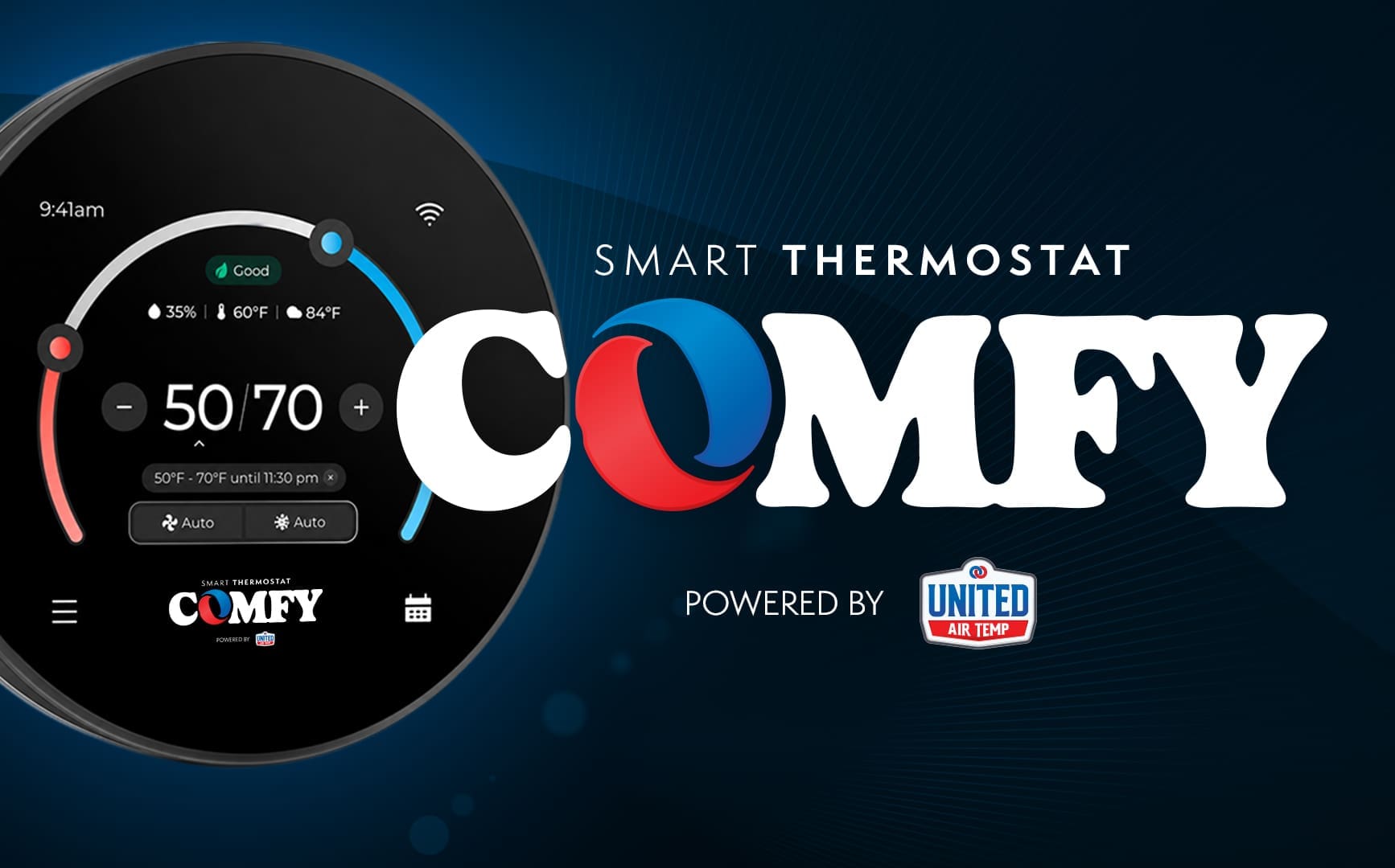 Smart thermostat ad banner showing a circular digital thermostat and a bold COMETY logo on a blue gradient background, with 'Smart Thermostat' text above.